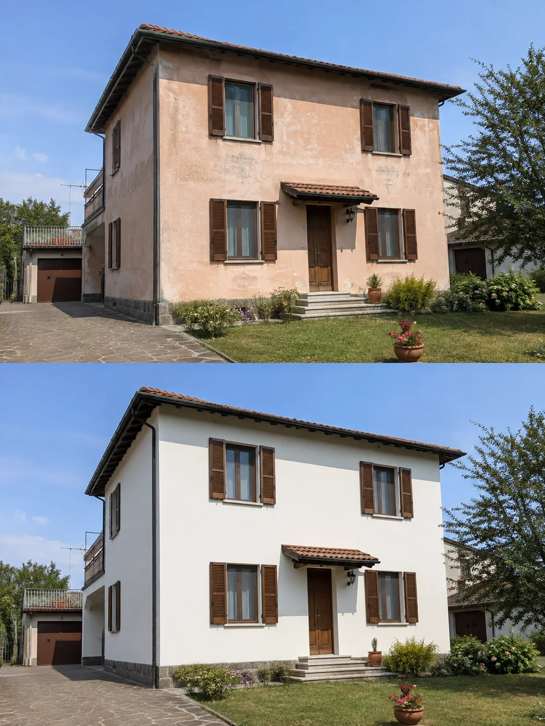 Facciata con rivestimento invecchiato prima della riqualificazione